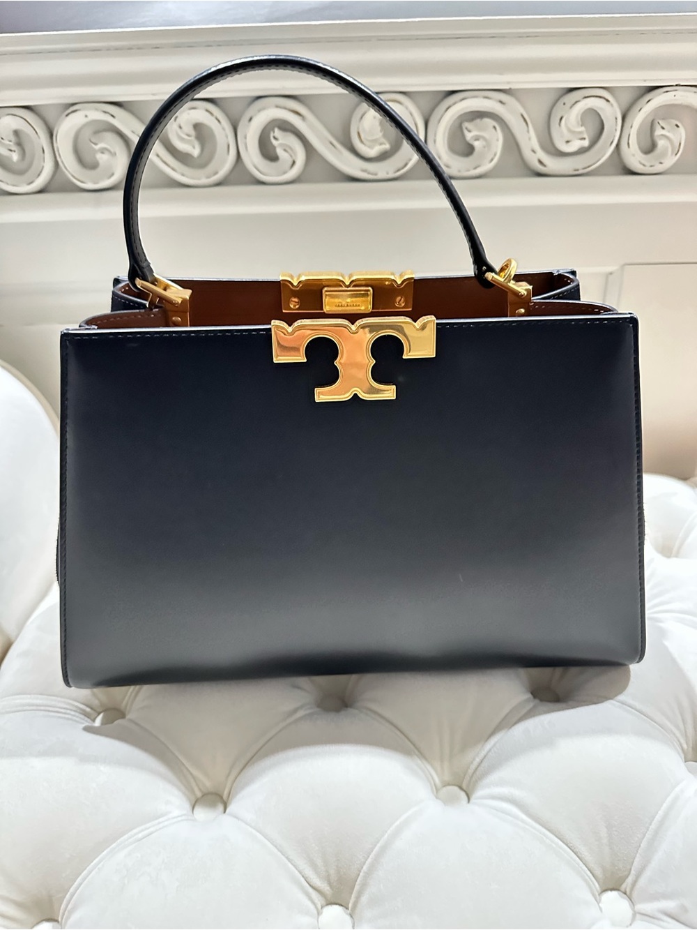 Tory Burch Black Leather Top-Handle Satchel with Gold Hardware - Picture 1 of 10